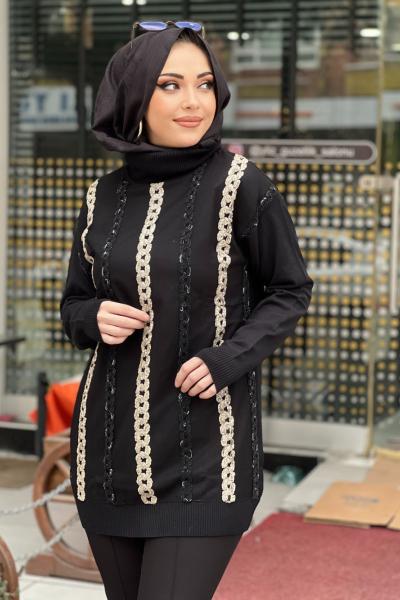 TIĞ TRİKO SAÇ ÖRGÜ SÜSLEMELİ BALIKÇI YAKA TUNİK  Siyah