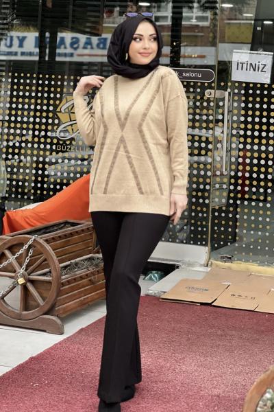 TIĞ TRİKO LEOPAR TAŞLI TUNİK  Krem