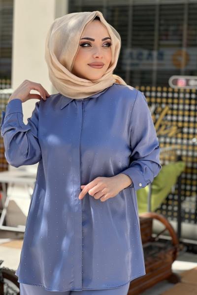 TIĞ TRİKO KOMPLE KRİSTAL TAŞ BASKILI TAKIM  Gök Mavi