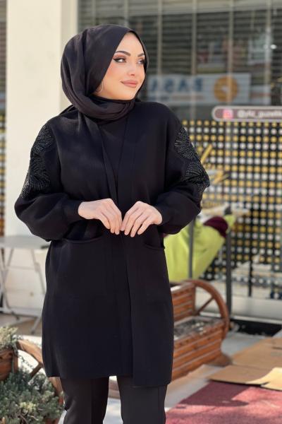 TIĞ TRİKO KOLLARI YAPRAK İŞLEMELİ HIRKA  Siyah
