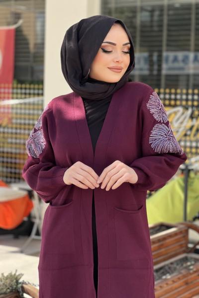 TIĞ TRİKO KOLLARI YAPRAK İŞLEMELİ HIRKA  Mürdüm