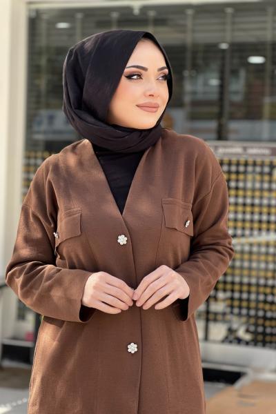 TIĞ TRİKO ÇİÇEK DÜĞMELİ TRİKO HIRKA  Kahverengi