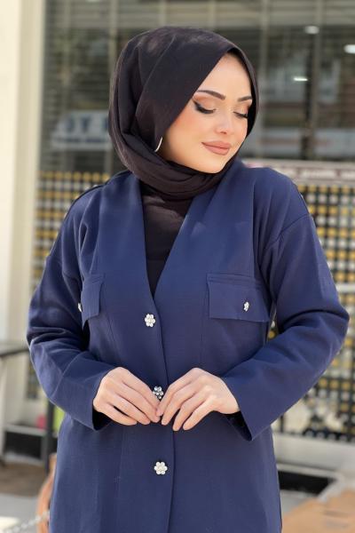 TIĞ TRİKO ÇİÇEK DÜĞMELİ TRİKO HIRKA  Lacivert