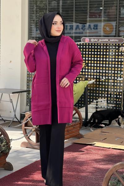 TIĞ TRİKO KAPÜŞONLU TRİKO HIRKA  Fuşya