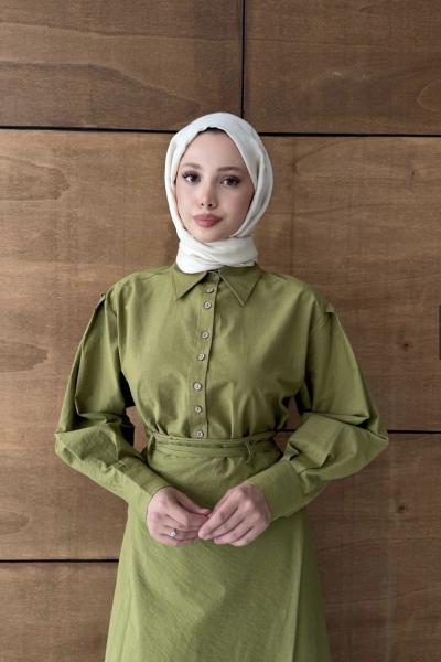 Verev bağlamalı kuşaklı tasarım etekli takım  Yağ Yeşili