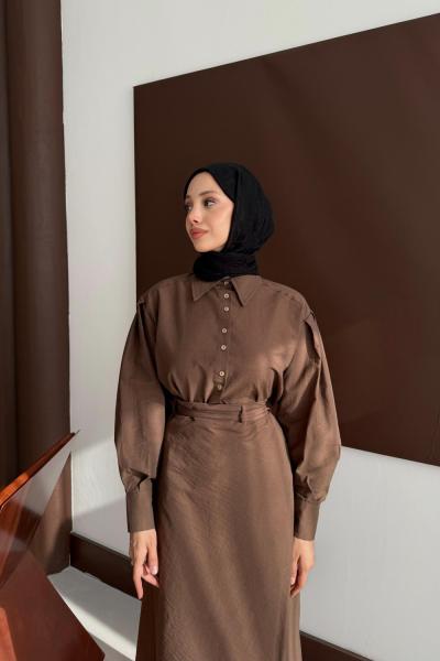 Verev bağlamalı kuşaklı tasarım etekli takım  Acı Kahve