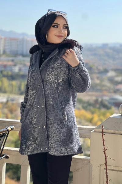YAKA KÜRKLÜ ASTARLI ÖRME KABAN  Gri
