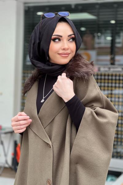 YAKASI KÜRKLÜ DÖRT DÜĞMELİ PANÇO Haki